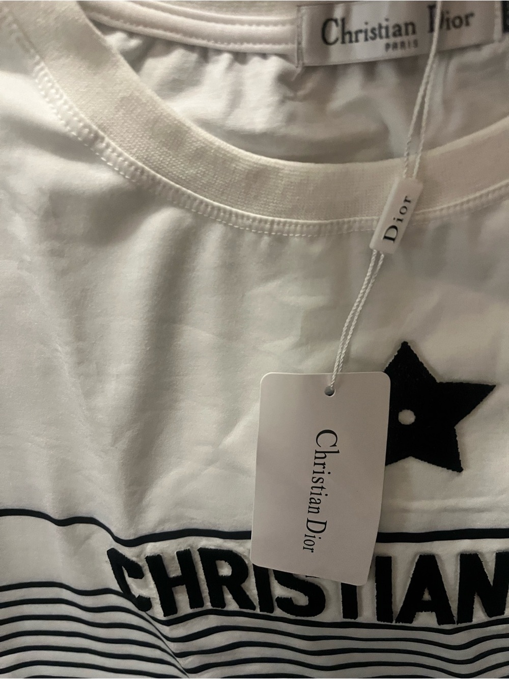 Dior White Tee with Black Star and Striped Logo - Picture 5 of 6